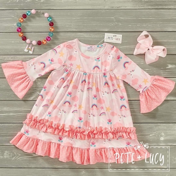 Pete & Lucy Long Sleeve Pink "Unicorn Fluff" Rainbow Stars Dress - Picture 1 of 1